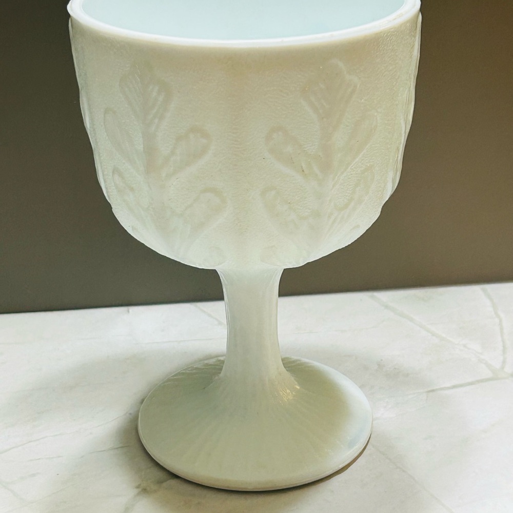 Vintage FTD Milk Glass Pedestal Goblet Oak Leaf Pattern 1975